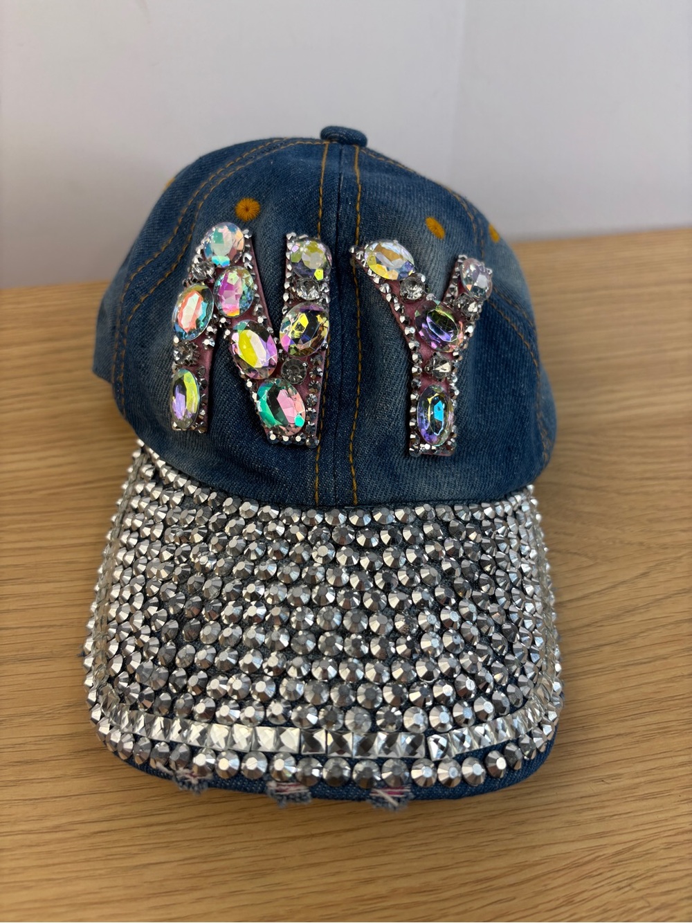 New York Bling Embellished Denim 'NY' Cap Blue, Iridescent & Rhinestone